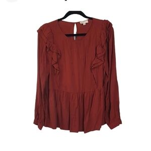 Loft Maroon Ruffle Boho Fall Rayon Top Long Sleeve Size Large